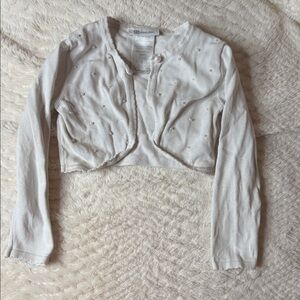 White Beaded Cropped Girls Cardigan